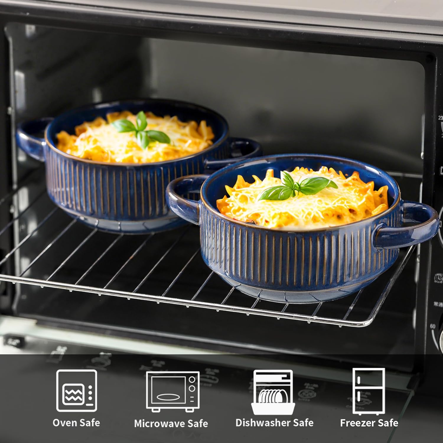 Soup Bowls with Handles, 23 oz French Onion Soup Crocks, Stackable Soup Bowl Oven Safe for Chili, Beef Stew, Embossment Ceramic Bowl Set - 5.4 Inch, Set of 4,Blue